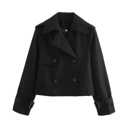YENKYE New Autumn Women Solid Cropped Trench Coat Vintage Double Breasted Long Sleeve Short Jacket Lapel Collar Windbreaker