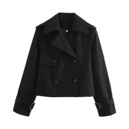 YENKYE New Autumn Women Solid Cropped Trench Coat Vintage Double Breasted Long Sleeve Short Jacket Lapel Collar Windbreaker