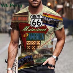 Vintage Men's T-shirt Route 66 Biker Print T-shirts for Man Gym Clothing Short Sleeve Tee Men T-shirts Mens Clothing O-Neck Tops
