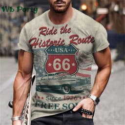 Vintage Men's T-shirt Route 66 Biker Print T-shirts for Man Gym Clothing Short Sleeve Tee Men T-shirts Mens Clothing O-Neck Tops