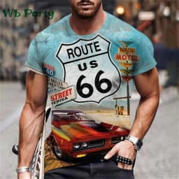 Vintage Men's T-shirt Route 66 Biker Print T-shirts for Man Gym Clothing Short Sleeve Tee Men T-shirts Mens Clothing O-Neck Tops