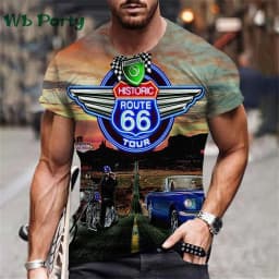 Vintage Men's T-shirt Route 66 Biker Print T-shirts for Man Gym Clothing Short Sleeve Tee Men T-shirts Mens Clothing O-Neck Tops