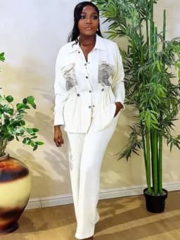 Wmstar Two Piece Set Women Wholesale Stylish Cinched Waist Shirt Long Sleeved Cardigan Long Pants Fancy Club Outfits Summer