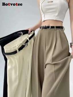 Botvotee Causal Suits Pants for Women Office Elegant Chic Wide Leg High Waisted Black Trousers with Belt Streetwear Y2k Fashion