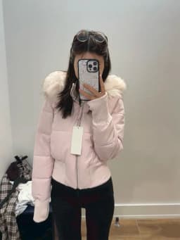 Gentle wind pink fur collar hooded cotton coat for women winter new Korean style thickened and warm short waisted cotton