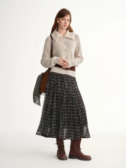 DUSHU Blue Brown Plaid Tulle Pleated Plaid Midi Skirt Women A-line Irregular Midi Skirt for Winter Vintage Fairy Personality Ins
