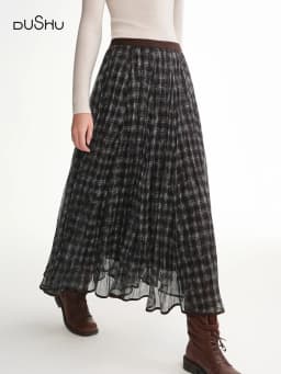 DUSHU Blue Brown Plaid Tulle Pleated Plaid Midi Skirt Women A-line Irregular Midi Skirt for Winter Vintage Fairy Personality Ins