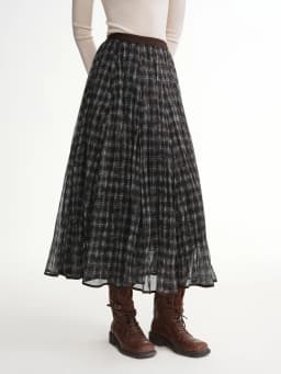 DUSHU Blue Brown Plaid Tulle Pleated Plaid Midi Skirt Women A-line Irregular Midi Skirt for Winter Vintage Fairy Personality Ins