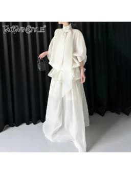 TWOTWINSTYLE Loose Minimalist Elegant Dresses For Women High Neck Half Sleeves Patchwork Folds Elegant Dress Female Clothing New