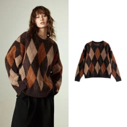 TOYOUTH Women's Sweater 2025 Winter New Loose Crew Neck Amber Streamer Nordic Style Argyle Mink-like Top