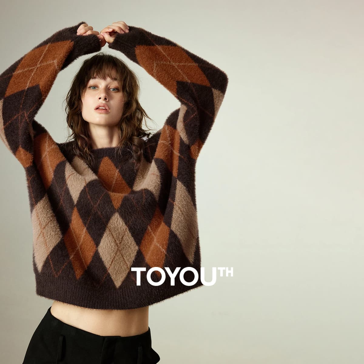 TOYOUTH Women's Sweater 2025 Winter New Loose Crew Neck Amber Streamer Nordic Style Argyle Mink-like Top