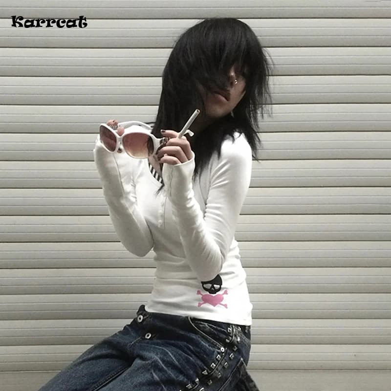 Karrcat Trashy Y2k Skull Print T-shirt Grunge Aesthetics Fake Two-piece Tops Vintage 2000s Style Streetwear American Retro 90s