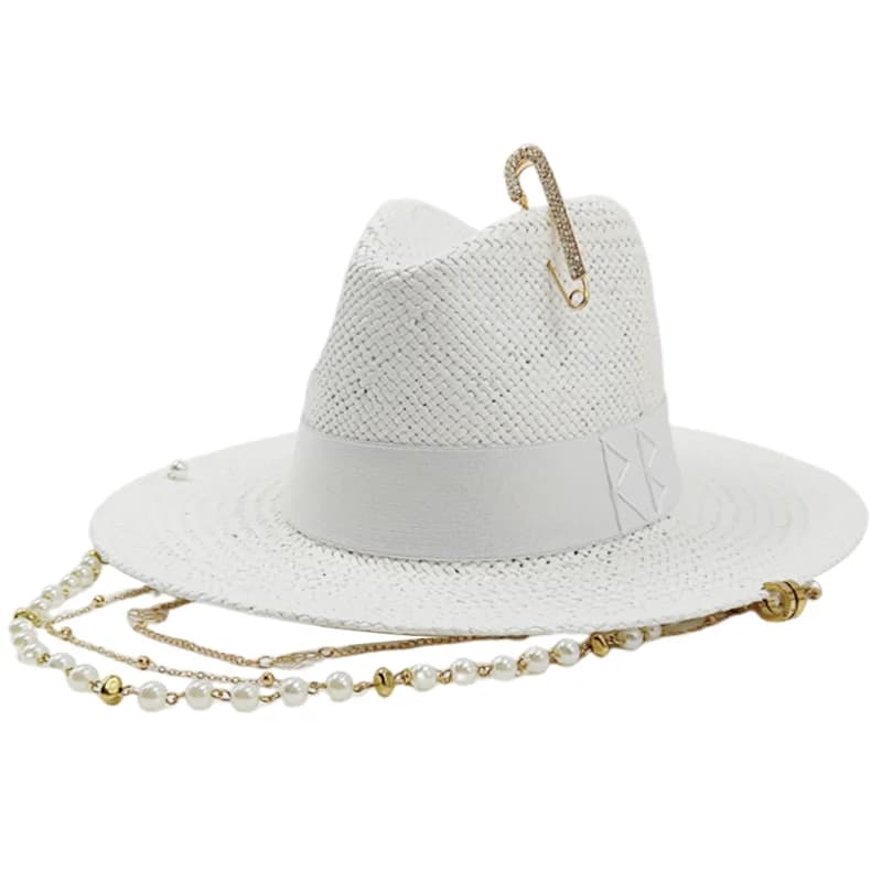 RB straw hat white pearl tassel series summer women's hat beach hat women's summer jazz hat trendy Panama straw hat
