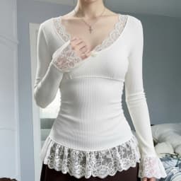 White Patchwork Lace Trim Bow T-Shirt Casual Slim V-Neck Long Sleeve Tees Women 2026 Autumn Spring Fashion Streetwear Clothes
