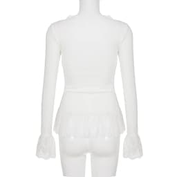 White Patchwork Lace Trim Bow T-Shirt Casual Slim V-Neck Long Sleeve Tees Women 2026 Autumn Spring Fashion Streetwear Clothes