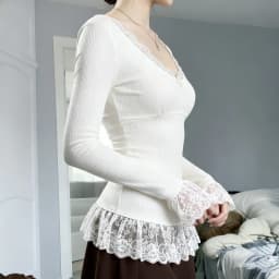White Patchwork Lace Trim Bow T-Shirt Casual Slim V-Neck Long Sleeve Tees Women 2026 Autumn Spring Fashion Streetwear Clothes