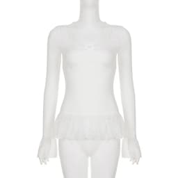White Patchwork Lace Trim Bow T-Shirt Casual Slim V-Neck Long Sleeve Tees Women 2026 Autumn Spring Fashion Streetwear Clothes