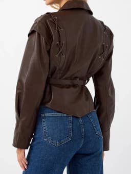 Ailegogo Spring Autumn Women Vintage Streetwear Loose Belt Single Button Long Sleeve Faux Leather Jacket Outwear
