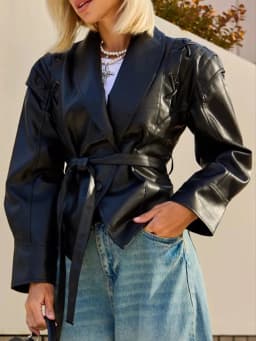 Ailegogo Spring Autumn Women Vintage Streetwear Loose Belt Single Button Long Sleeve Faux Leather Jacket Outwear
