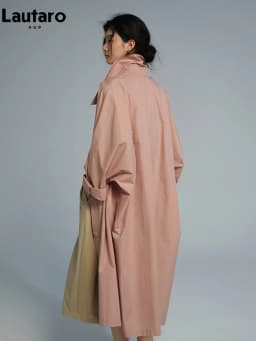 Lautaro Spring Autumn Long Oversized Thin Pink Trench Coat for Women Single Breasted Elegant Chic Luxury Designer Clothing 2026