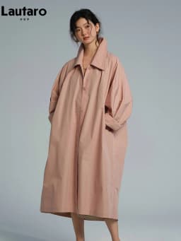 Lautaro Spring Autumn Long Oversized Thin Pink Trench Coat for Women Single Breasted Elegant Chic Luxury Designer Clothing 2026