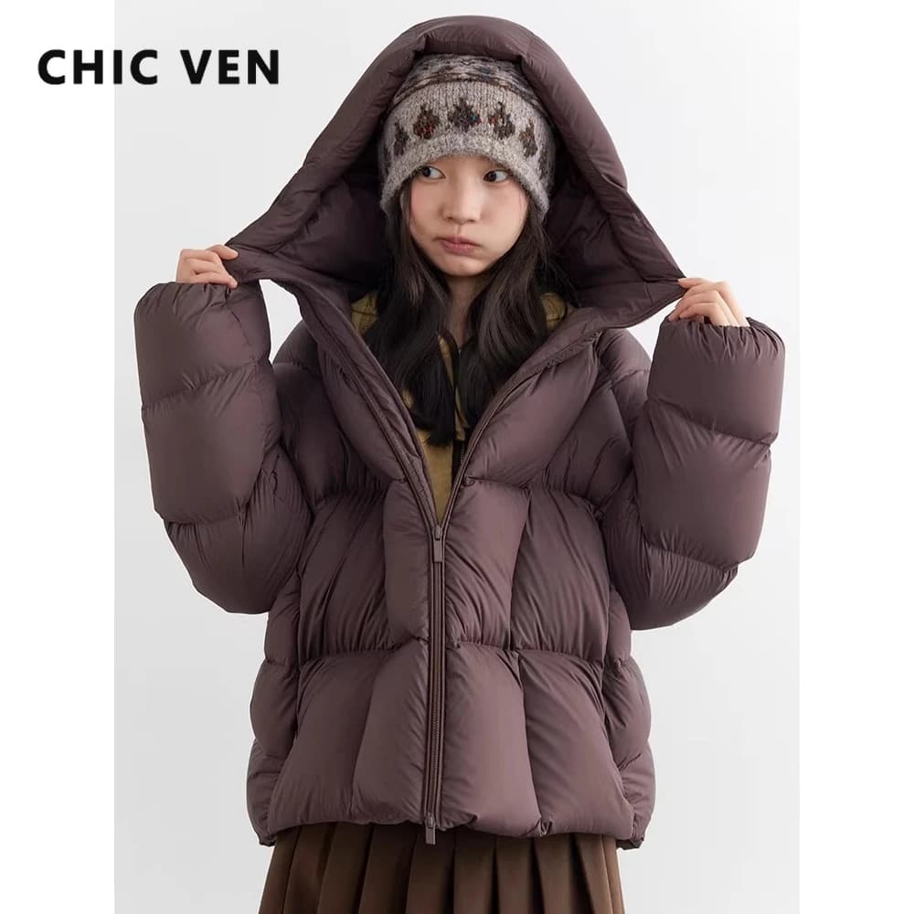 CHIC VEN Fashion Women Down Coats Solid Short Loose Casual Hooded Female Down Jacket 90 White Duck Down Autumn Winter 2025