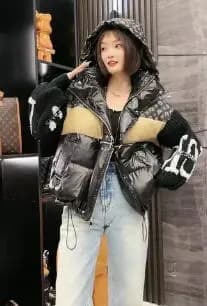 New Trendy Brand Denim Patchwork Hooded Down Jacket for Women's Knitted Sleeves, Letter Flower Thickened White Duck Down Jacket