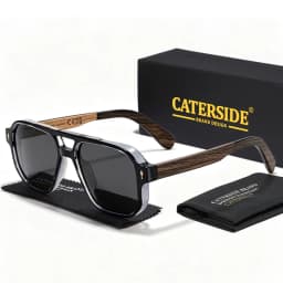 CATERSIDE Men's Polarized Pilot Sunglasses UV400 Premium Tr Frame & Wood Temple Retro Square Sun Glasses for Driving Fishing