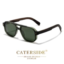 CATERSIDE Men's Polarized Pilot Sunglasses UV400 Premium Tr Frame & Wood Temple Retro Square Sun Glasses for Driving Fishing