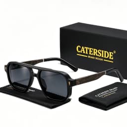 CATERSIDE Men's Polarized Pilot Sunglasses UV400 Premium Tr Frame & Wood Temple Retro Square Sun Glasses for Driving Fishing
