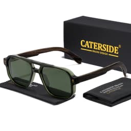 CATERSIDE Men's Polarized Pilot Sunglasses UV400 Premium Tr Frame & Wood Temple Retro Square Sun Glasses for Driving Fishing
