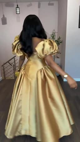 Elegant Dress for Women's Puff Sleeve Square Collar Gold Solid Pleated A-line Evening Party Cocktail Maxi Dresses