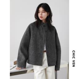 CHIC VEN Women Short Woolen Coat New Stand Up Twill Texture Single Breasted Ladies Jacket Retro Woman Outwear Autumn Winter 2025