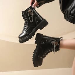 Women Punk Ankle Boots Platform Buckle Design Womens Boots Lace Up Block Heel Shoes Metal Decoration Casual Outdoor Boots 42
