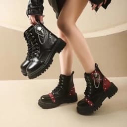 Women Punk Ankle Boots Platform Buckle Design Womens Boots Lace Up Block Heel Shoes Metal Decoration Casual Outdoor Boots 42
