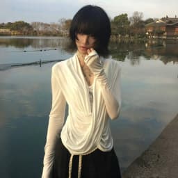 Karrram Japanese Y2k Cross Tops Trashy 2000s Style V-neck Long Sleeve T-shirt Vintage Harajuku White Irregular Tops American 90s