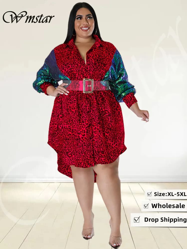Wmstar Plus Size Party Dresses Women Sequins Sleeve Leopard Patchwork Elegant Midi Shirt Dress Wholesale DropShipping with Belt