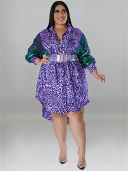 Wmstar Plus Size Party Dresses Women Sequins Sleeve Leopard Patchwork Elegant Midi Shirt Dress Wholesale DropShipping with Belt