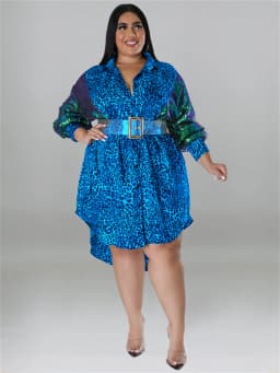 Wmstar Plus Size Party Dresses Women Sequins Sleeve Leopard Patchwork Elegant Midi Shirt Dress Wholesale DropShipping with Belt
