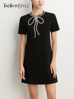 TWOTWINSTYLE Solid Patchwork Diamonds Elegant Dresses For Women Round Neck Short Sleeve High Waist Spliced Zipper Dress Female