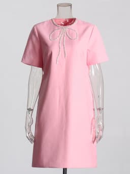 TWOTWINSTYLE Solid Patchwork Diamonds Elegant Dresses For Women Round Neck Short Sleeve High Waist Spliced Zipper Dress Female