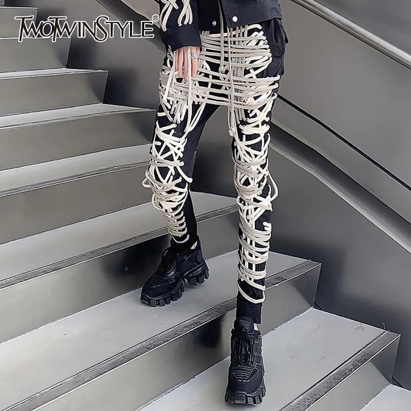TWOTWINSTYLE Cross Black Pants For Women High Waist Bandage Casual Streetwear Trousers Female Fashion New Clothing 2024 Style