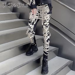 TWOTWINSTYLE Cross Black Pants For Women High Waist Bandage Casual Streetwear Trousers Female Fashion New Clothing 2024 Style