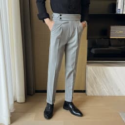 British Style Men High Waist Casual Dress Pant Men Belt Design Slim Trousers Formal Office Social Wedding Party Dress Suit Pants