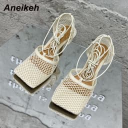 Aneikeh 2025 Summer Sexy Mesh Pumps Sandals Female Square Toe High Heel Lace Up Cross-Tied Stiletto Hollow Dress Party Shoes
