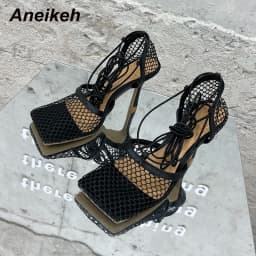 Aneikeh 2025 Summer Sexy Mesh Pumps Sandals Female Square Toe High Heel Lace Up Cross-Tied Stiletto Hollow Dress Party Shoes