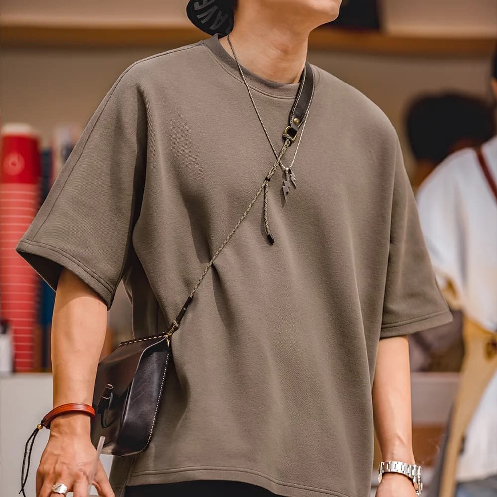 Maden Retro 340g/m² Heavyweight Round Neck Pique Cotton T-shirt Loose Silhouette Solid Color Short-sleeved Top for Men's Summer
