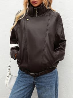 Ailegogo New Spring Autumn Women Streetwear Retro Loose Faux Leather Jacket Moto Biker Female Vintage Belt Zipper Coat Outwear