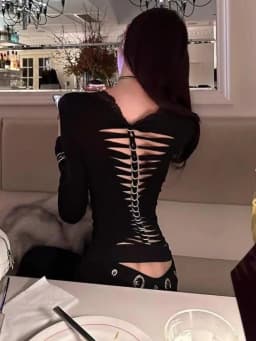 Seeslim Black Sexy Back Hollow Out Women's T-shirt Goth Long Sleeve Slim 2000s Clothes Y2k Tees Female Clothing Autumn Tops Chic