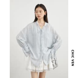 CHIC VEN Women Shirt Single Breasted V-neck Loose Casual Long Sleeve New Stand Up Collar Coat Female Blouse Spring Autumn 2025